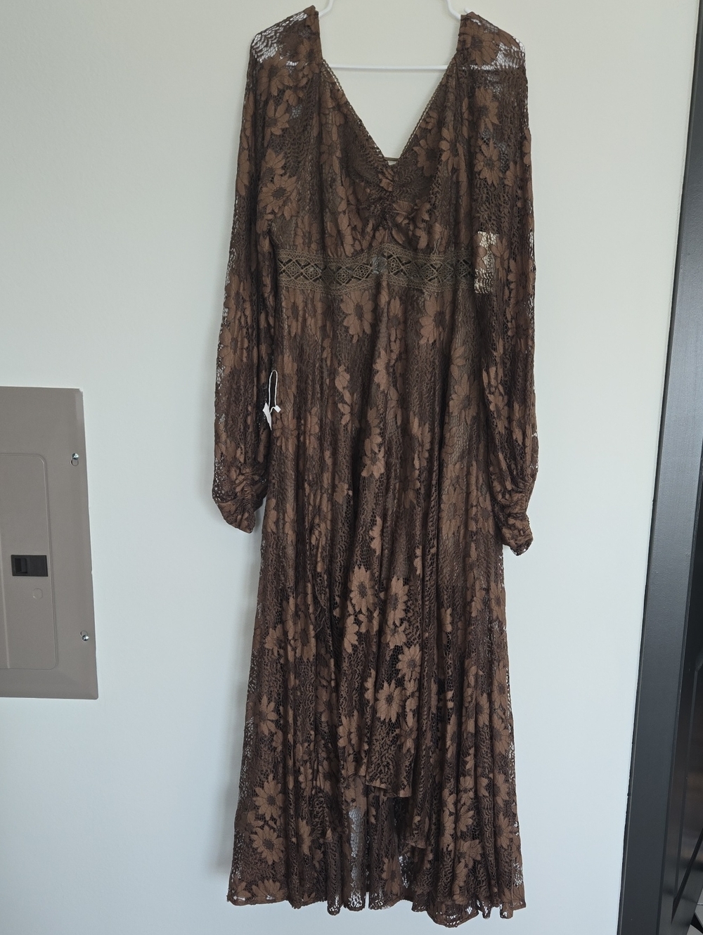 Joyfolie Brown Floral Lace Long Sleeve V-Neck Dress